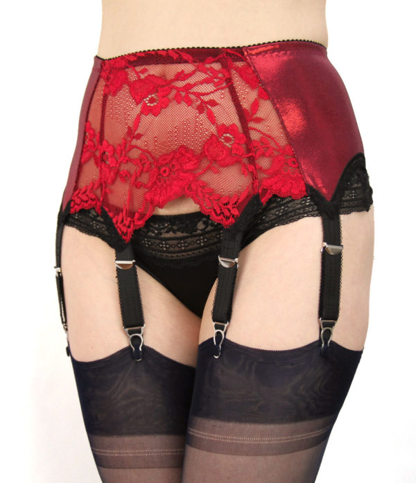 shiny fabric suspender belt with matching red lace panels and 6 red straps