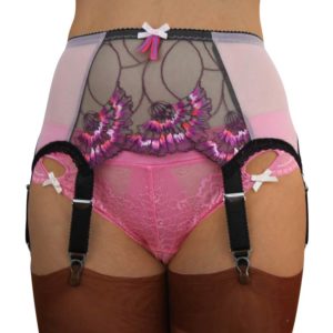 pink powermesh and lace suspender belt with floral lace to the front