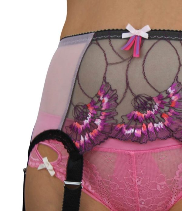 suspender belt with floral lace in pink and black