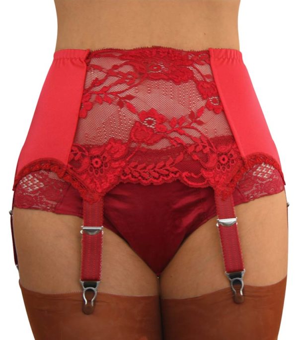 Red six strap suspender belt with matching red lace