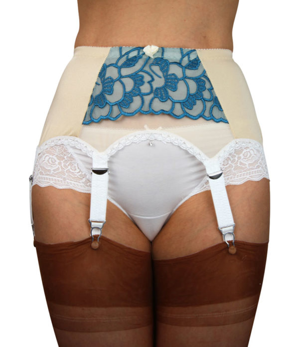 Ivory 6 strap Suspender belt with teal blue lace and white trimming with white straps