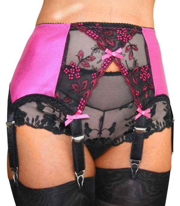 6 strap pink suspender belt in shiny lipstick pink with black crossover lace front